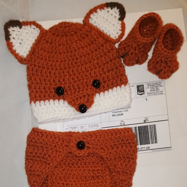 Crochet Newborn Fox Outfit - Baby Girl or Boy Woodland Costume - Photo Prop - Beanie Hat, Diaper Cover, and Booties. Handmade & Homemade