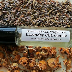 May include: A small glass bottle with a black cap and a white label that reads "Essential Oil Fragrance Lavender Chamomile www.LokahiHawaii.Etsy.com". The bottle is surrounded by dried lavender buds and dried chamomile flowers.