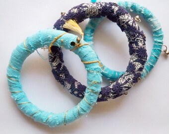 Fabric Boho Bracelets, Stackable Bangle with Charms, Turquoise gold, Navy Silver, Choose Your Color