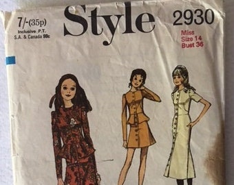 Peplum Dress, 1970's Fashion, Miss Size 14 Bust 36,  Style Sewing Pattern, Vintage UK 2930,