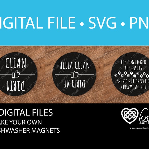 Paquete de imanes para lavavajillas: 3 archivos digitales para crear su propio sistema de notificación de imanes limpios/sucios. Redondo o cuadrado. PDF, SVG y PNG