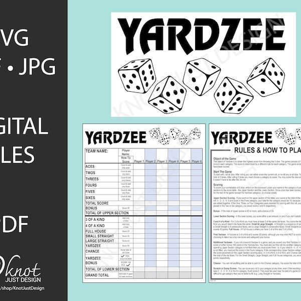 ENSEMBLE : logo numérique Yardzee, carte de pointage et règles. Imprimable, Téléchargement instantané Fichier de coupe numérique, Feuille de pointage PDF, SVG, Cricut, Jeux de cour