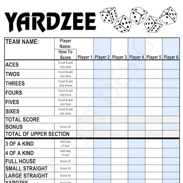 Yardzee Digital Score Card & Rules. Printable, Instant Download Digital File, PDF Score Sheet, Cricut, Yard Games