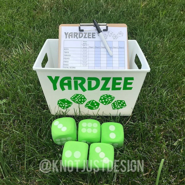 YARDZEE GAME KIT - Decal, Dice, Score Card w Instructions, clipboard, dry erase sleeve, marker -Use your own bucket. diy your next yard game