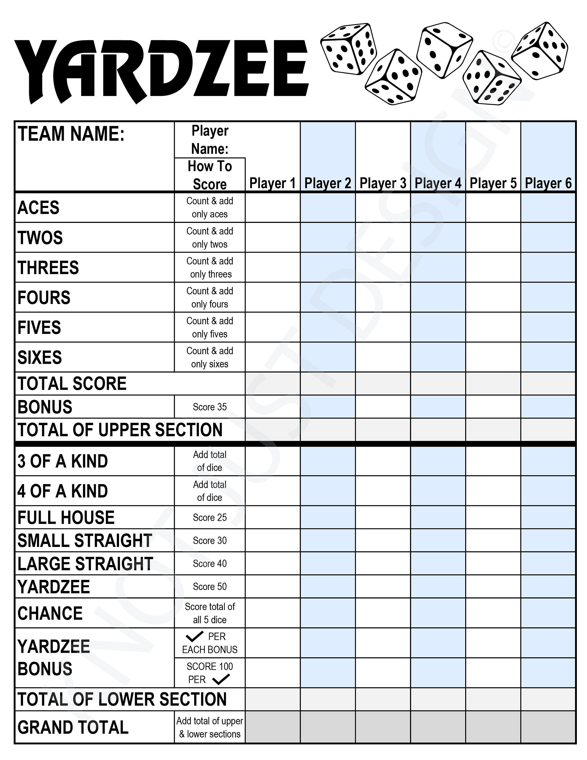 Yardzee Score Sheets Printable Free Printable Templates