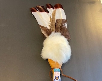 Smudge Fan with WHITE Zappo Beading Hand Made in the USA of Cherokee Heritage and Inspiration