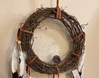 EXTRA LARGE Grapevine Wreath (Dipped Imitation Eagle Feathers) with Amethyst Point and Bead Hand Made in the USA