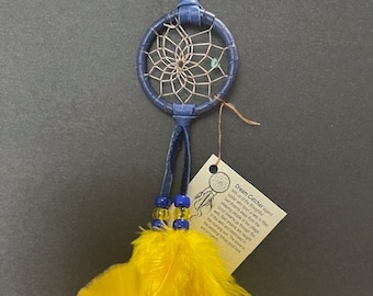 Handmade Blue Leather Dream Catcher: Turquoise, Yellow Turkey Feathers