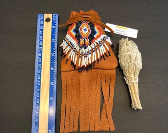 MEDICINE BAG / Fringes with Bead Work and Sage Bundle Hand Made in the USA of Cherokee Heritage & Inspiration