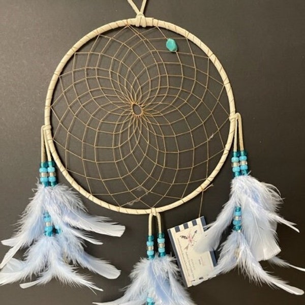 ベビーブルーのドリームキャッチャー：ターコイズ、羽根、鹿革