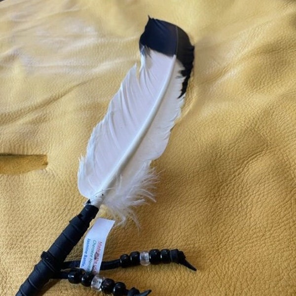 Single BLACK Dipped Imitation Eagle Dipped Feather Smudge Fan Hand Made in the USA of Cherokee Heritage and Inspiration