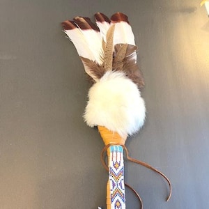 Handmade Smudge Fan: White Beaded Turkey Feather, Rabbit Fur