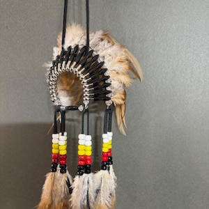 Handmade Mini Head Dress Car Charm: Feather & Bead Rear View Mirror Ornament