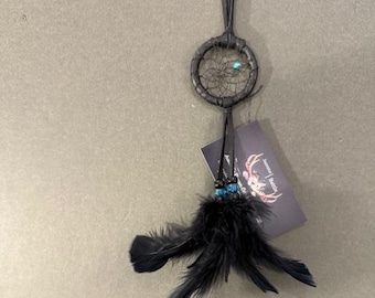 Small Black Dream Catcher: Turquoise, Turkey Plume Feathers, USA Made