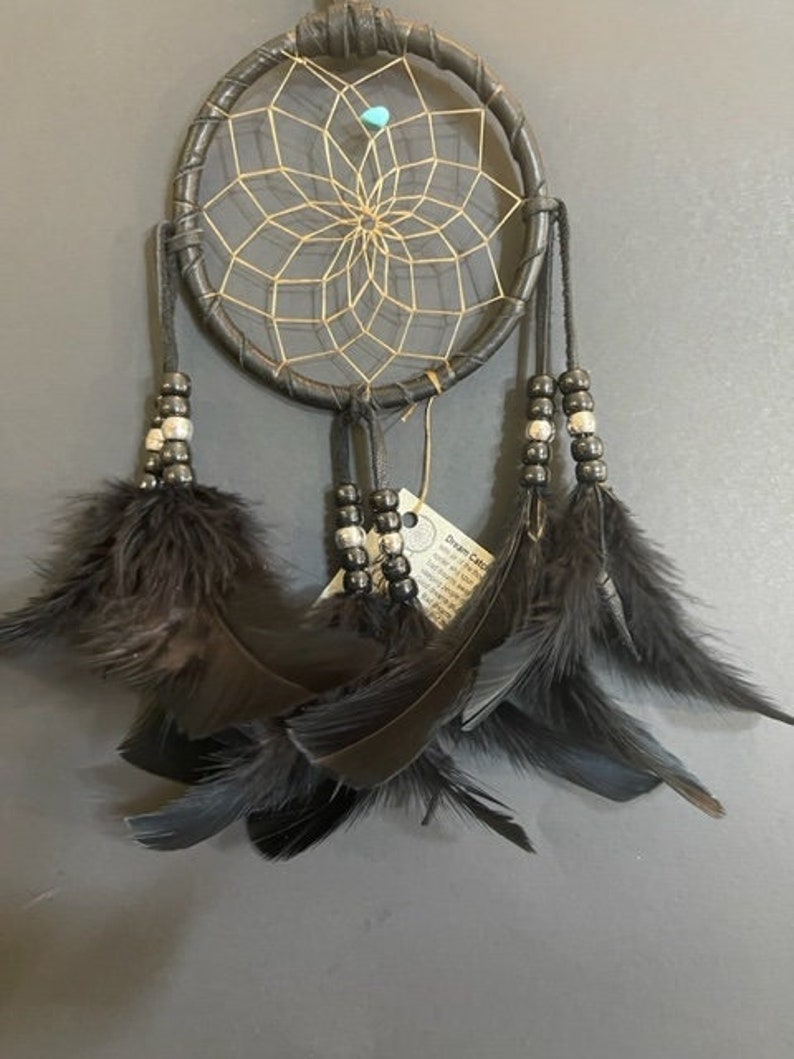 RESTING RAVEN Black Dream Catcher With Black Feathers, Native American