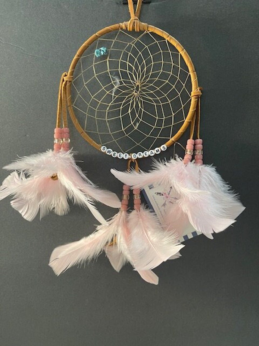 Handmade Large Pink Beige Green Dream Catcher with crystal