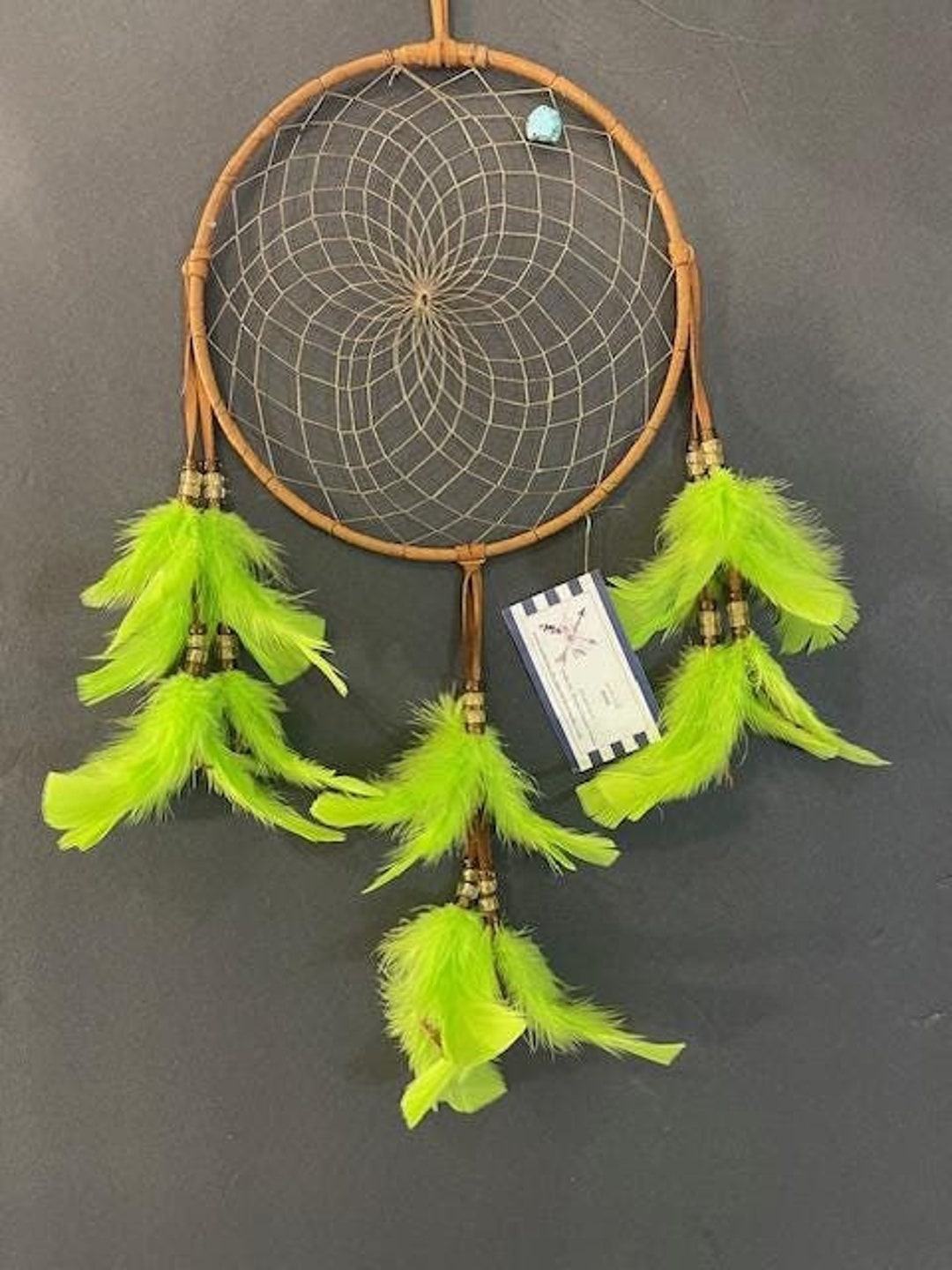 LIME ZEST Dream Catcher With Lime Feathers, Native American Dream