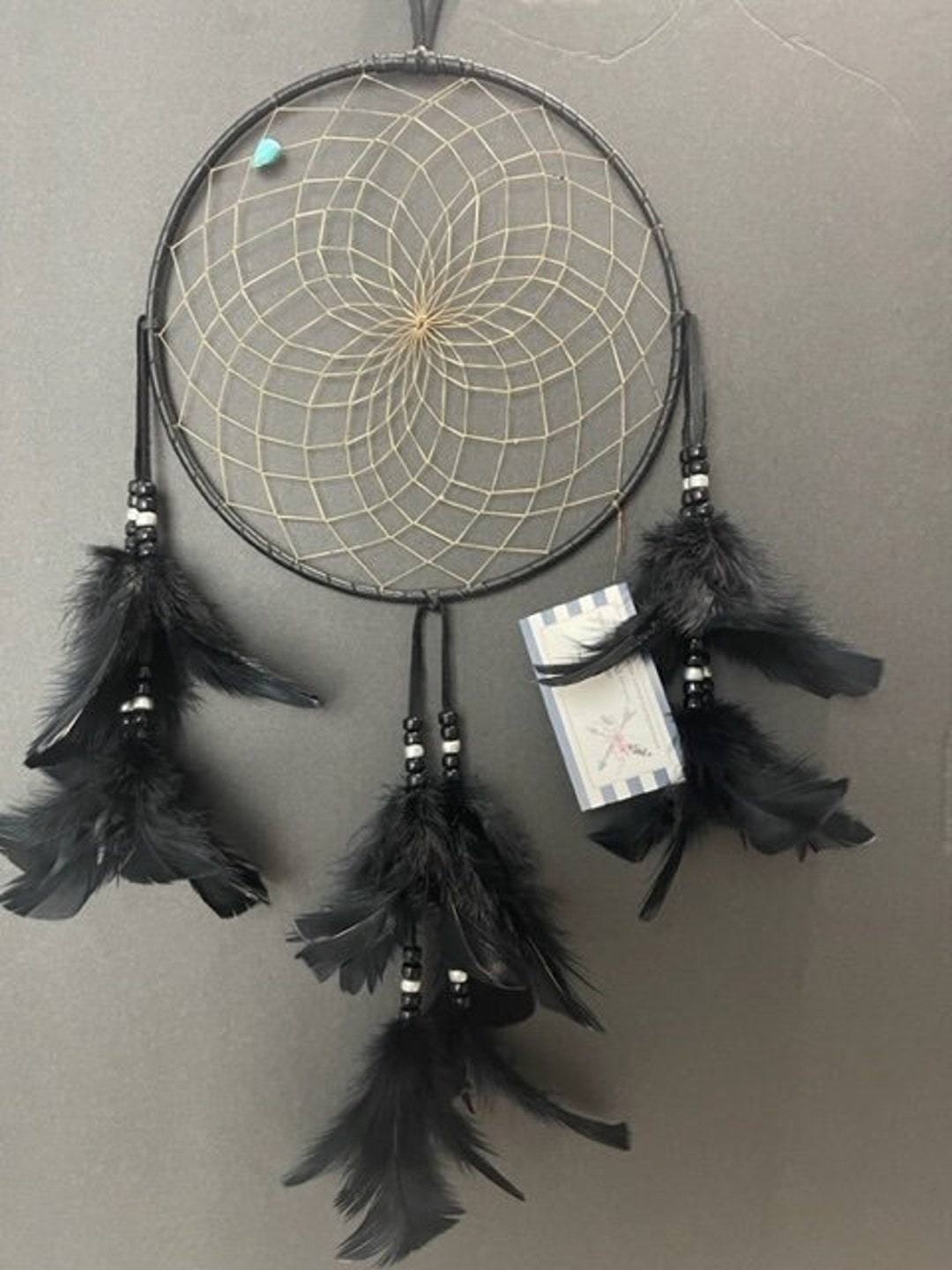 RESTING RAVEN Black Dream Catcher With Black Feathers, Native American