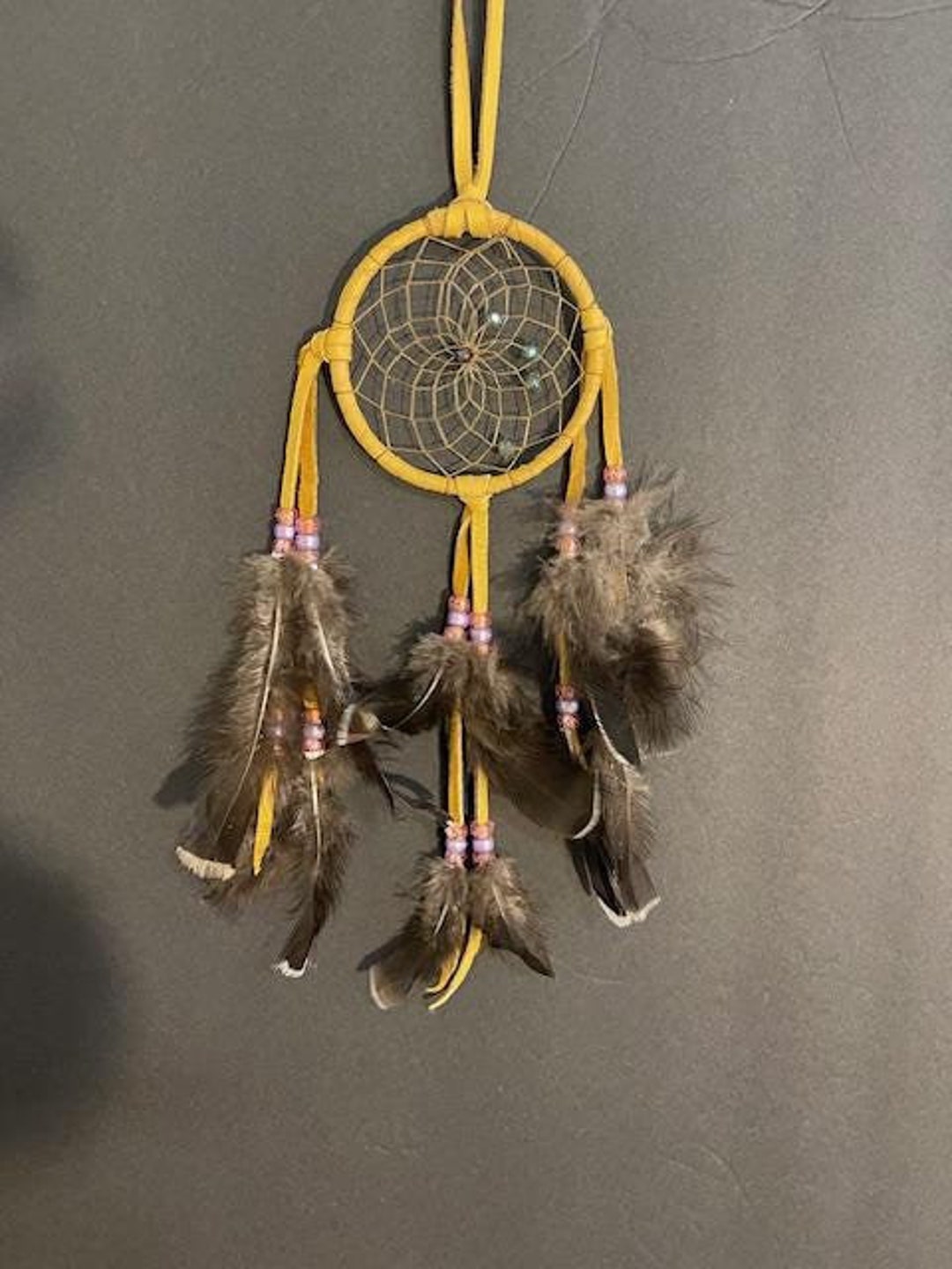 Gold Dream Catcher With Natural Feathers Hand Sewn Crystal Webbing Etsy 