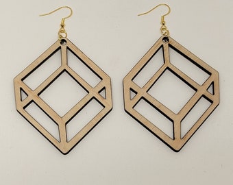 Illusion Cube Orecchino - Geometrico / Leggero / Festival Orecchino / Orecchini Raver / Legno o Acrilico / Iridescente / Argento / Oro