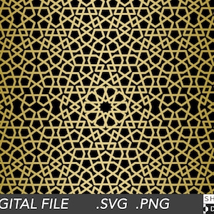 Puede incluir: Un patrón sin costuras con un diseño geométrico que presenta líneas doradas sobre un fondo negro. El patrón está formado por formas repetitivas que se asemejan a estrellas y hexágonos.