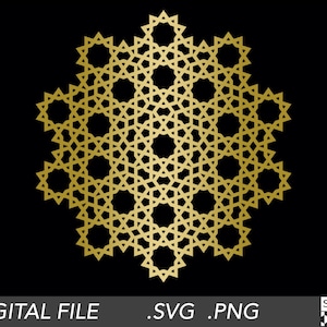 May include: A gold geometric pattern with a starburst design. The pattern is made up of repeating stars and squares.