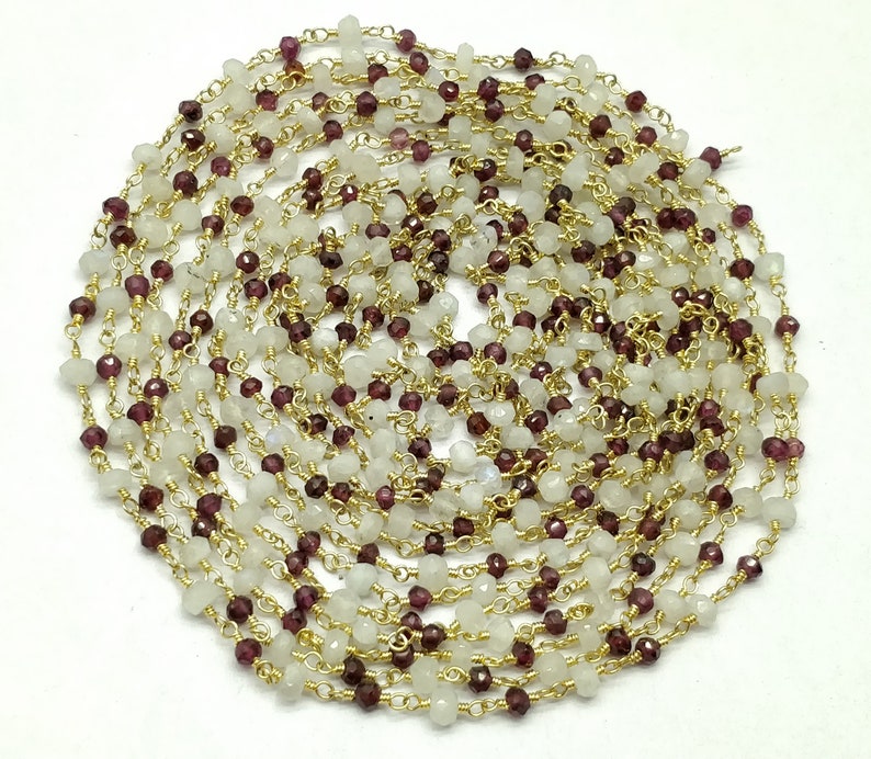 Rondelle Faceted with Good looking 100/% Top Quality Natural 10 Feet Chain Gold Plated Red Garnet /& Rainbow Moonstone 3-4 mm RB245