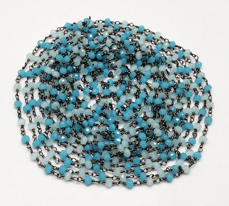 100/% Top Quality Natural 10 Feet Chain Black Plated Blue /& Aqua Chalcedony 3-4mm RB297 Rondelle Faceted with Good looking