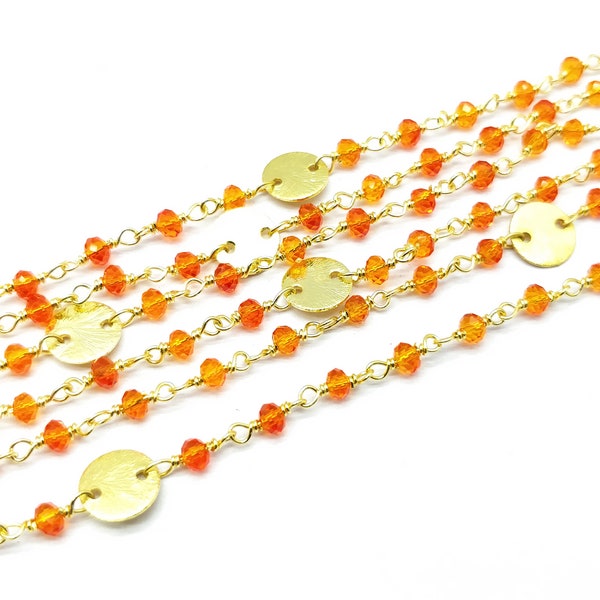 3 pies Carnelian Quartz Hydro 3-3.5mm Rondelle Faceted Round Charm 24K Gold Plated Rosary Chain