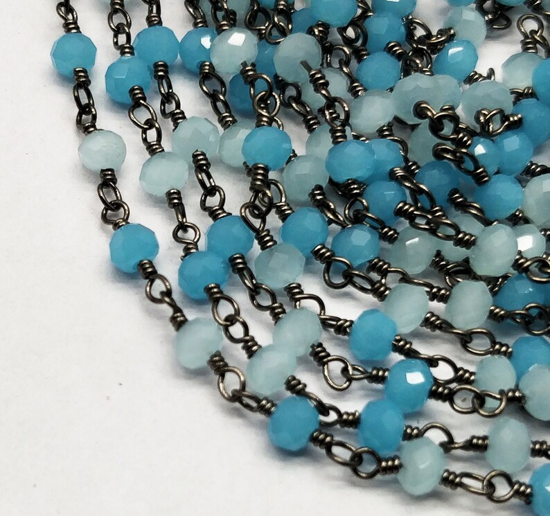 100/% Top Quality Natural 10 Feet Chain Black Plated Blue /& Aqua Chalcedony 3-4mm RB297 Rondelle Faceted with Good looking