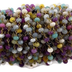 3 Feet Mix Chalcedony Rosary Beaded Chain 24k Gold Plated - Beads Measure 3-4mm