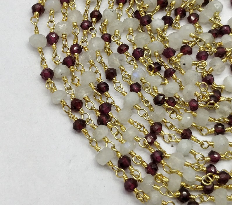 Rondelle Faceted with Good looking 100/% Top Quality Natural 10 Feet Chain Gold Plated Red Garnet /& Rainbow Moonstone 3-4 mm RB245