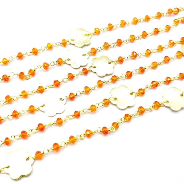 3 pies Carnelian Quartz Hydro 3-3.5mm Rondelle Faceted Flower Charm 24K Gold Plated Rosary Chain