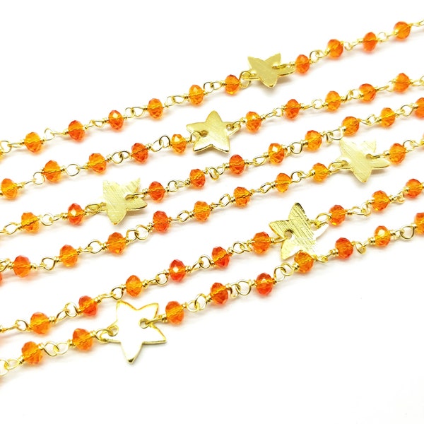 3 pies Carnelian Quartz Hydro 3-3.5mm Rondelle Faceted Star Charm 24K Gold Plated Rosary Chain