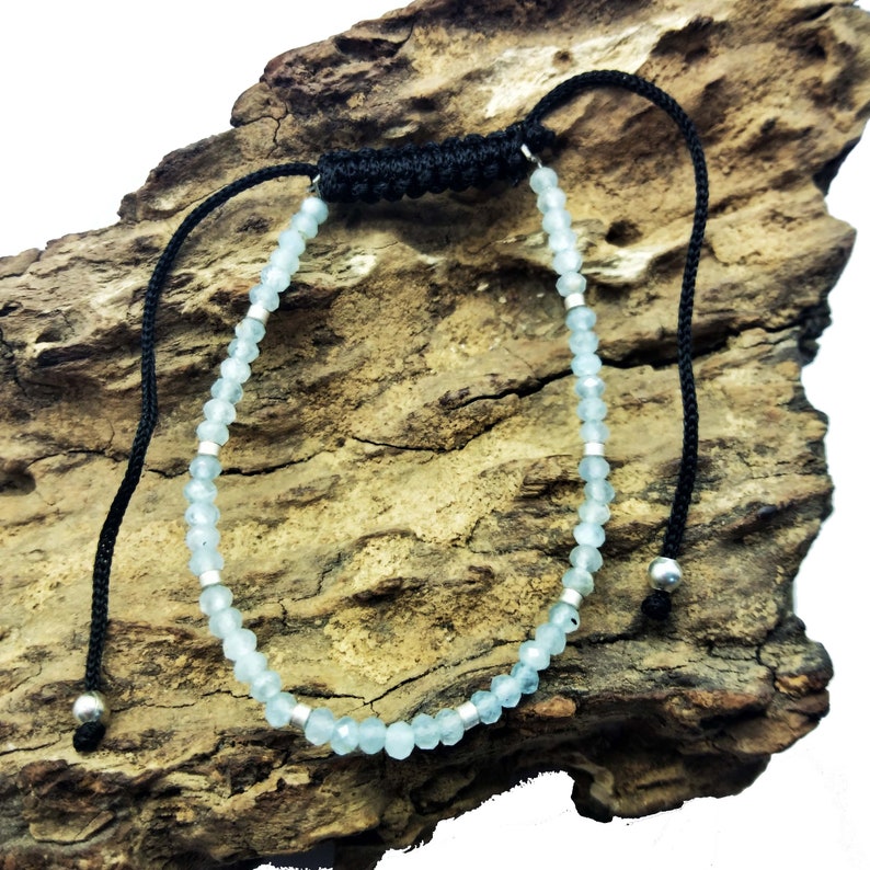 Loose Gemstone Aquamarine Bracelet Adjustable 2 mm BB51 Rondelle /& Faceted 7 Inch Long