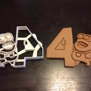 Minions Cookie Cutter holding the number 4. Great for 4th year minions themed birthday parties. Celebrate your kid&#39;s fourth birthday!