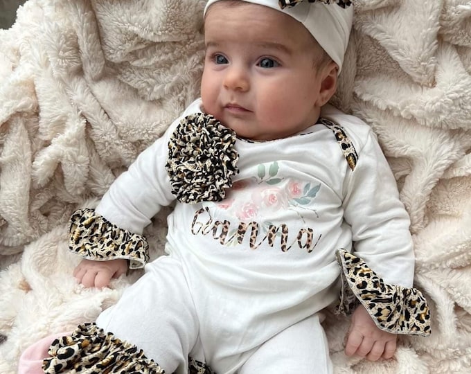 Personalized Baby Girl Coming Home Outfit, Baby Girl Clothes, Personalized Baby Leopard Romper