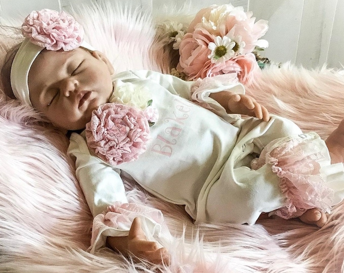 Monogrammed Newborn Romper: Pink Lace Ruffle Coming Home Outfit