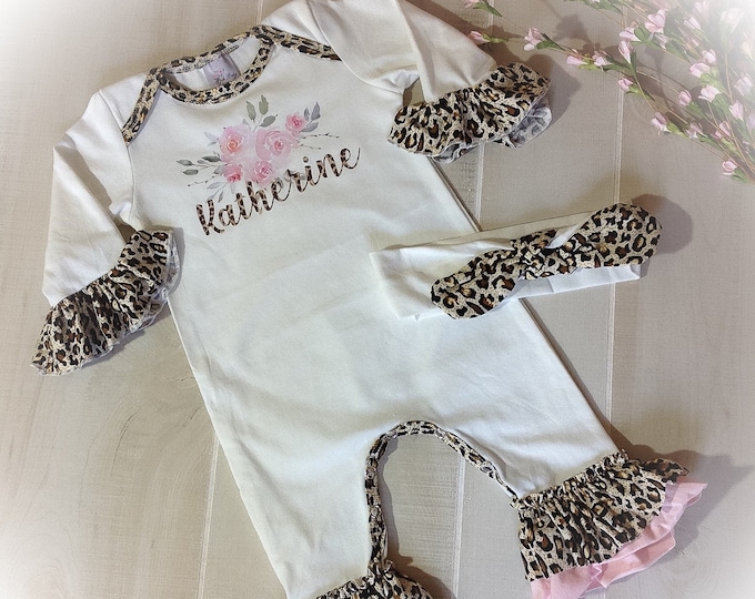 Baby Girl Coming Home Outfit, Personalized Leopard Ruffle Romper, Newborn Take Home Outfit