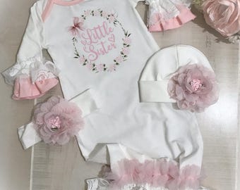 Personalized Little Sister Baby Gown, Hospital Coming Home Gown, Baby  Announcement Outfit, Floral Baby Outfit