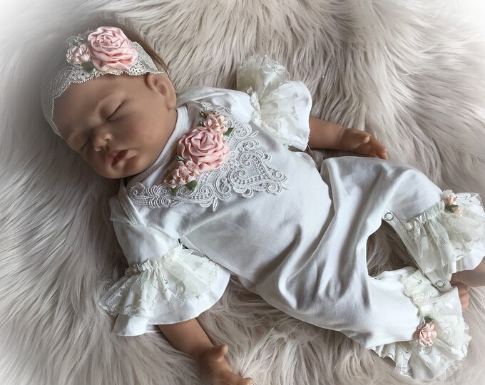 Newborn Baby Ivory and Peach Lace Romper