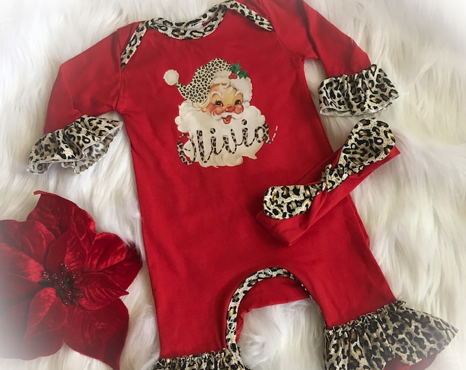 Baby Girl Christmas Outfit, Personalized Red Leopard Santa Romper, Baby’s First Christmas