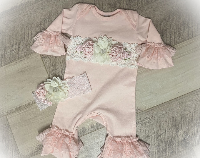 Newborn Girl Coming Home Outfit, Pink Newborn Ruffle Romper, Lace Ruffle Romper