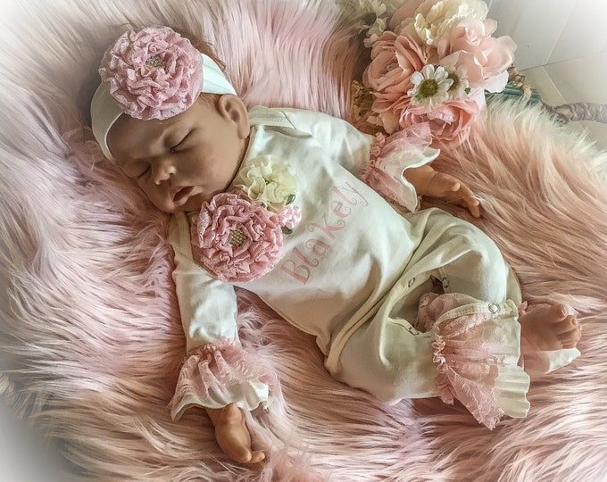 Newborn Monogrammed Coming Home Outfit, Personalized Ruffle Romper, Baby Girl Take Home Romper