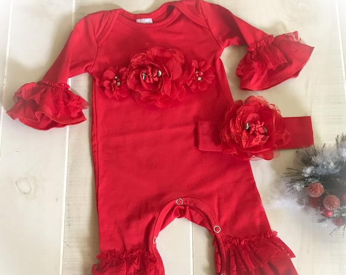 Newborn Girl Valentines Outfit, Baby Girl Red Lace Ruffle Romper