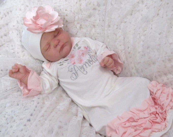 Newborn Girl Coming Home Outfit Personalized, Pink Ruffle Baby Gown, Monogram Babys First Photo Outfit