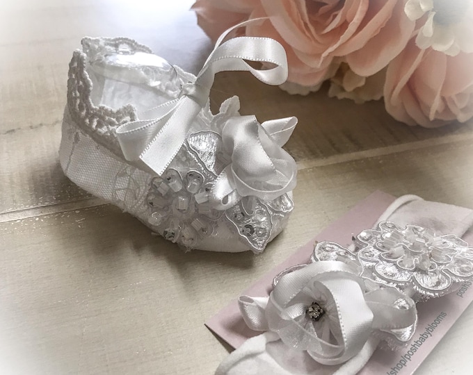 Newborn Christening Booties Headband Set,Lace Baptism Crib Shoes, New Baby Coming Home Gift