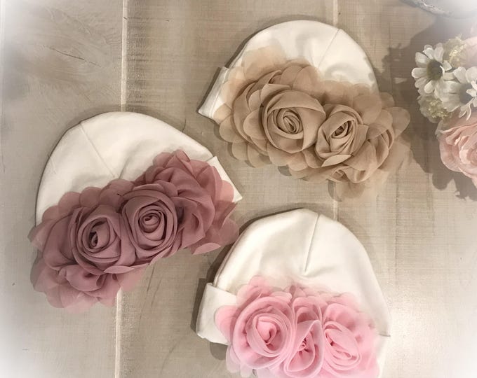 Newborn Girl Hospital Hat: Chiffon Flower Baby Cap