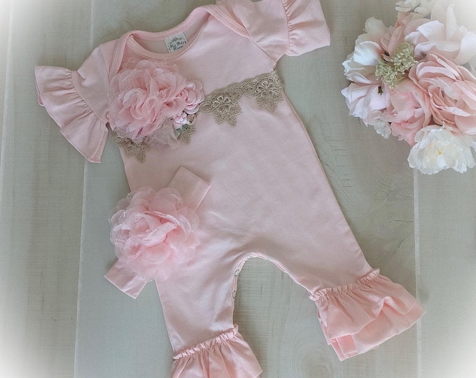 Pink Ruffle Romper: Victorian Baby Girl Coming Home Outfit