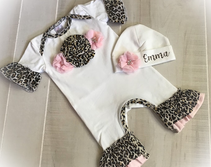 Baby Girl Monogrammed Coming Home Outfit, Baby Girl Clothes, Personalized Baby Leopard Romper